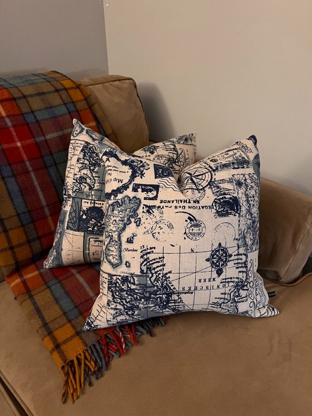 Set of 2 Vintage Map Print Feather Throw Pillows | Linen Blend | 18" x 18"